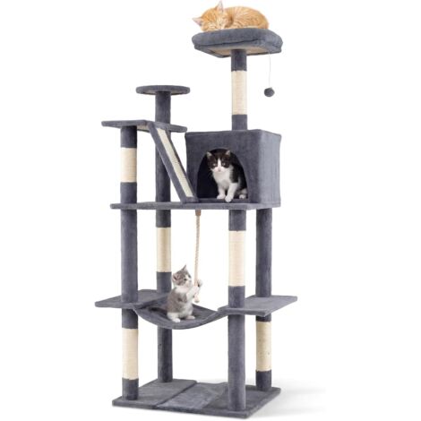 COSTWAY Albero per Gatti Alto 158 cm,con Trespolo di Peluche, Grotta, Amaca,Grigio Scuro