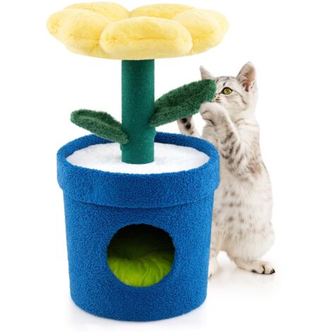 COSTWAY Albero per Gatti con Posatoio a Forma di Fiore, Condominio a Forma di Vaso, Tiragraffi a Forma di Stelo, Foglie Flessibili, Centro di Attività Versatile per Animali Domestici (Giallo)