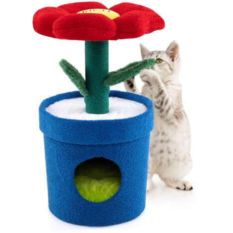 COSTWAY Albero per Gatti con Posatoio a Forma di Fiore, Condominio a Forma di Vaso, Tiragraffi a Forma di Stelo, Foglie Flessibili, Centro di Attività Versatile per Animali Domestici (Rosso)
