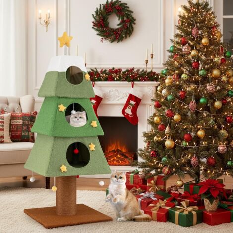 COSTWAY Albero per Gatti da Interno, Tiragraffi per Gatti Alto 162 cm con 3 Condo, Palo Tiragraffi in Sisal e Palline Pendenti, Mobile per Arrampicata per Decorazione Festiva