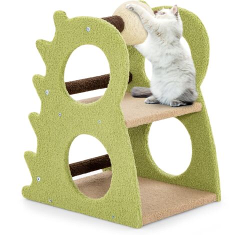 COSTWAY Albero Tiragraffi Moderno a 2 Livelli da Interno, Torre per Gatti a Forma di Dinosauro con Palla Girevole in Sisal, Tessuto Peluche Morbido e Tiragraffi, Centro Attività per Gatti