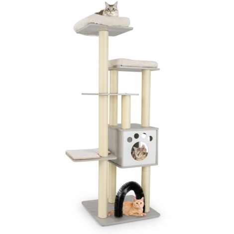 COSTWAY Albero Tiragraffi per Gatti 176 cm, Tiragraffi per Gatti con 2 Trespoli in Tessuto Felpato, Arco Massaggiante, Cuccia, Pali in Sisal e Tapettini Lavabili, Torre per Animali Domestici (Grigio)
