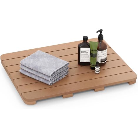 COSTWAY Alfombra de Baño de Material Hips, Impermeable, Alfombra para Suelos con Almohadillas Antideslizantes, para Uso Junto a la Bañera (L 60 x 48 cm, Marrón)
