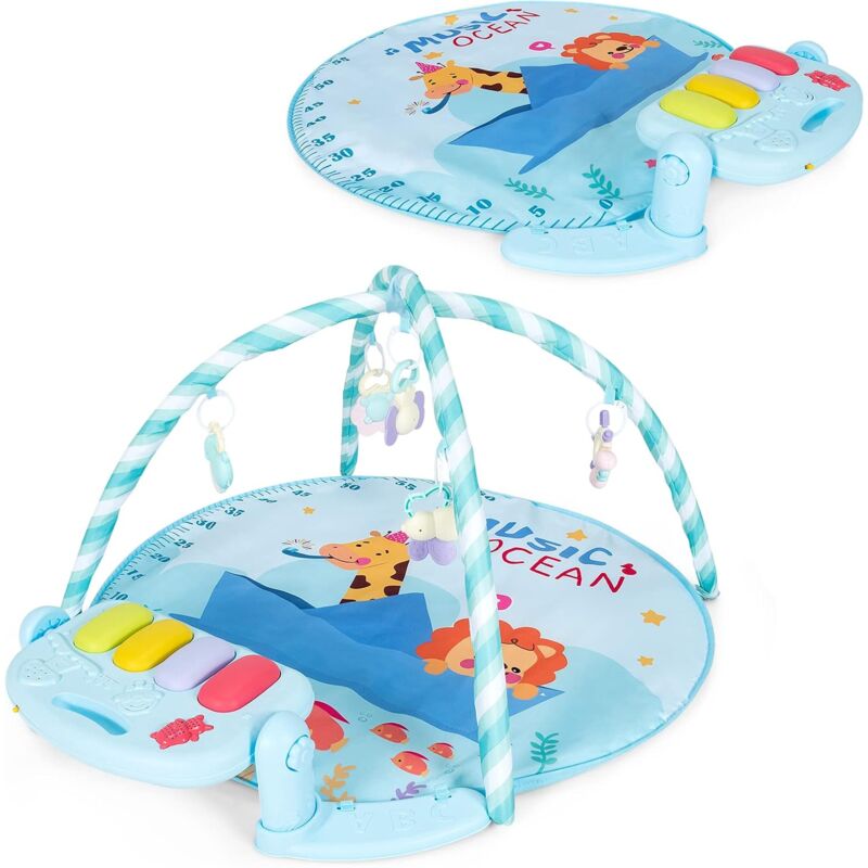 

Alfombrilla Actividad 4 en 1 Gimnasio con Piano para Niños con 5 Juguetes Sensoriales Colgando, Piano con Luces (Azul) - Costway