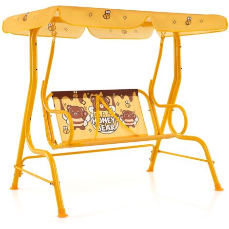 COSTWAY Altalena da Esterno per Bambini, Panchina a Dondolo a 2 Posti con Struttura in Metallo, Tetto Regolabile e Cinture di Sicurezza, per Bambini 3+Anni, Portata 80 kg (Giallo)