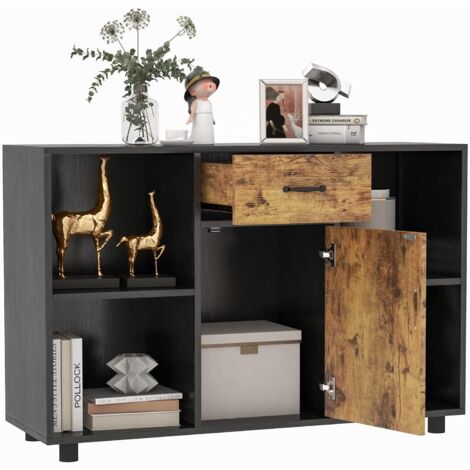 COSTWAY Aparador Cocina de Buffet Industrial de 120 cm, Armario de Cocina con 4 Cubículos Abiertos, 1 Puerta, 1 Cajón, Dispositivo Antivuelco, Mesa Consola Multifuncional Archivador para Comedor
