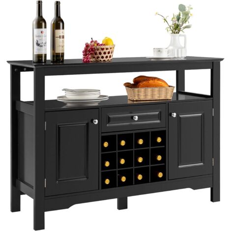 COSTWAY Aparador de Cocina con Porta Botellas de Vino, Repisa Abierta, 2 Armarios y Cajón, Armario de Comedor, Mueble para Cocina Comedor Salón 117 x 40,5 x 85,5 cm (Negro)
