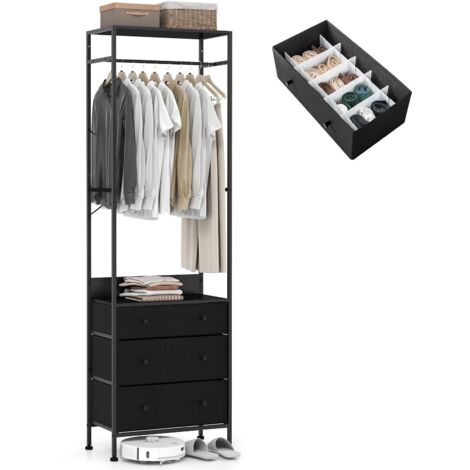COSTWAY Appendiabiti con Cassetti in Tessuto, Armadio Autoportante con Asta Appendiabiti a 3 Posizioni e Ripiani di Stoccaggio, Ideale per Ingresso Camera da Letto, 55x28x176 cm (Nero)