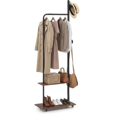 COSTWAY Appendiabiti da Terra,2 Ganci e 2 Ripiani,Porta Abiti in Legno con Ruote,60 x 30 x 175 cm