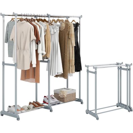 COSTWAY Appendiabiti Estendibile in Metallo, Portabiti a Doppio Asta con Altezza e Larghezza Estendibili, con Ruote per Camera da Letto, Lavanderia, Soggiorno