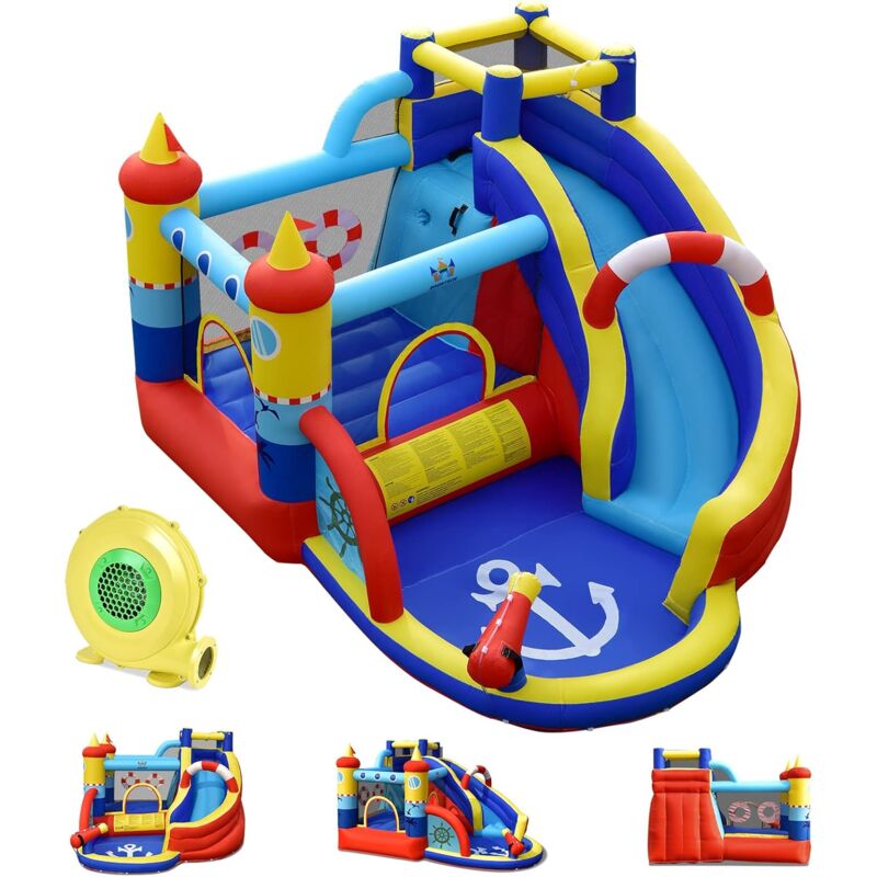 Château Gonflable avec Toboggan Incurvé/Zone de Saut/Mur d'escalade/Piscine à Éclaboussures/Jeu Cible et Canon à Eau pour 4 Enfants 3-12 Ans avec