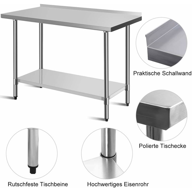 Costway Arbeitstisch Edelstahl Kuechentisch Gastro Tisch Edelstahltisch Zubereitungstisch Mit Zwischenbord 122 X 61 X 90 Cm 48x24 0728370803501