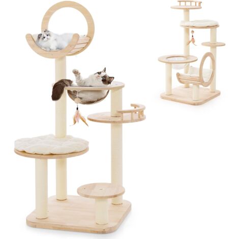COSTWAY Árbol para Gatos de 146 cm, 4 en 1 Torre para Gatos con Cama Curvada, 3 Plataformas Redonda, Cápsula Espacial Transparente, Juguete Interactivo Colgante y Postes Rascadores de Sisal y Roble