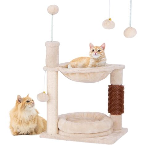COSTWAY Árbol Rascador para Gatos Pequeños, Árbol para Gatos con Hamaca Suave, Cama para Gatos de Felpa, Postes de Sisal, Autopeluquero y Bola Colgante, Torre para Gatos, 40 x 30 x 72 cm, Beige
