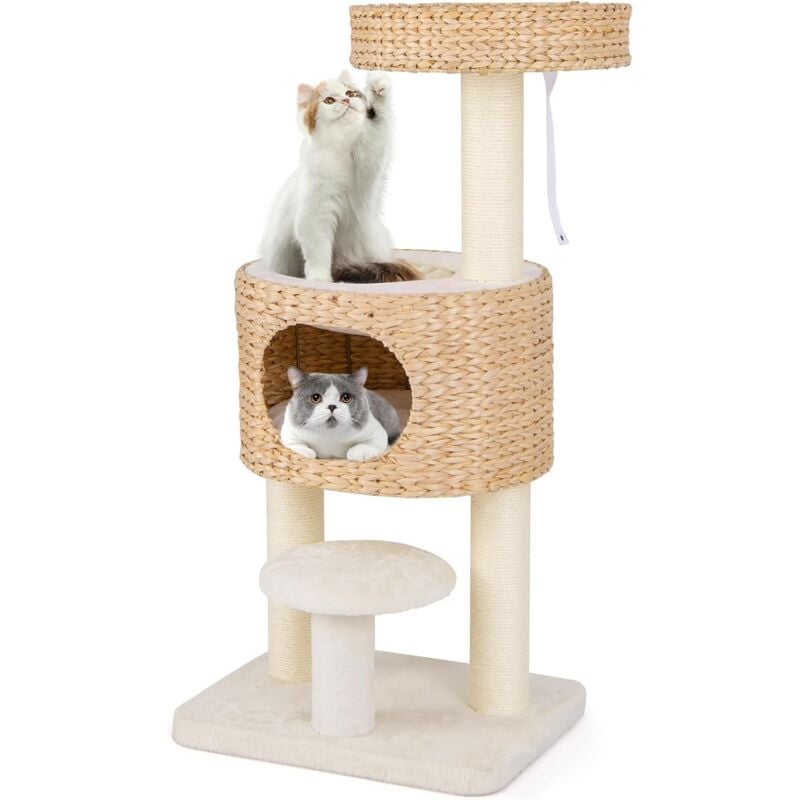 Arbre à Chat 104 cm, Petit Arbre a Chat, 3 Plateformes, 2 Poteaux à Griffer en Sisal, Condo, Arbre a Chat Beige, Pompon, Dispositif Anti-basculement,