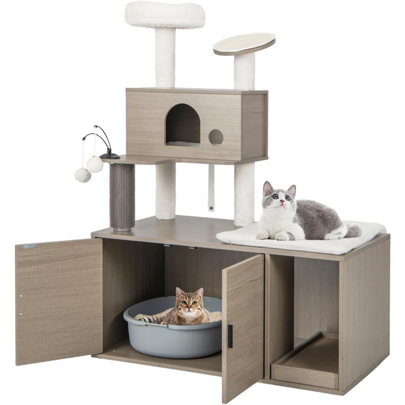 Arbre à Chat 2 en 1 avec Toilettes Cachées, Centre d'Activités pour Chatons avec Condo et Boules Suspendues, Tour à Chat avec Maison de Toilettes et