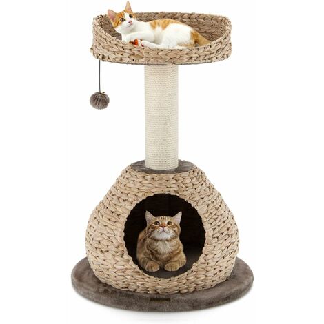 Costway – Arbre à chat 70,5 cm – Poteau en sisal naturel – Niche et pompon suspendu – Centre d'activités pour chat et chaton – Construction robuste en bois