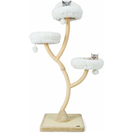 COSTWAY Arbre à Chat avec Cadre en métal incurvé, Tour à Chat avec 3 perchoirs peluchés et poteaux en sisal, Centre d'activités pour Chat avec balles suspendues (Beige)