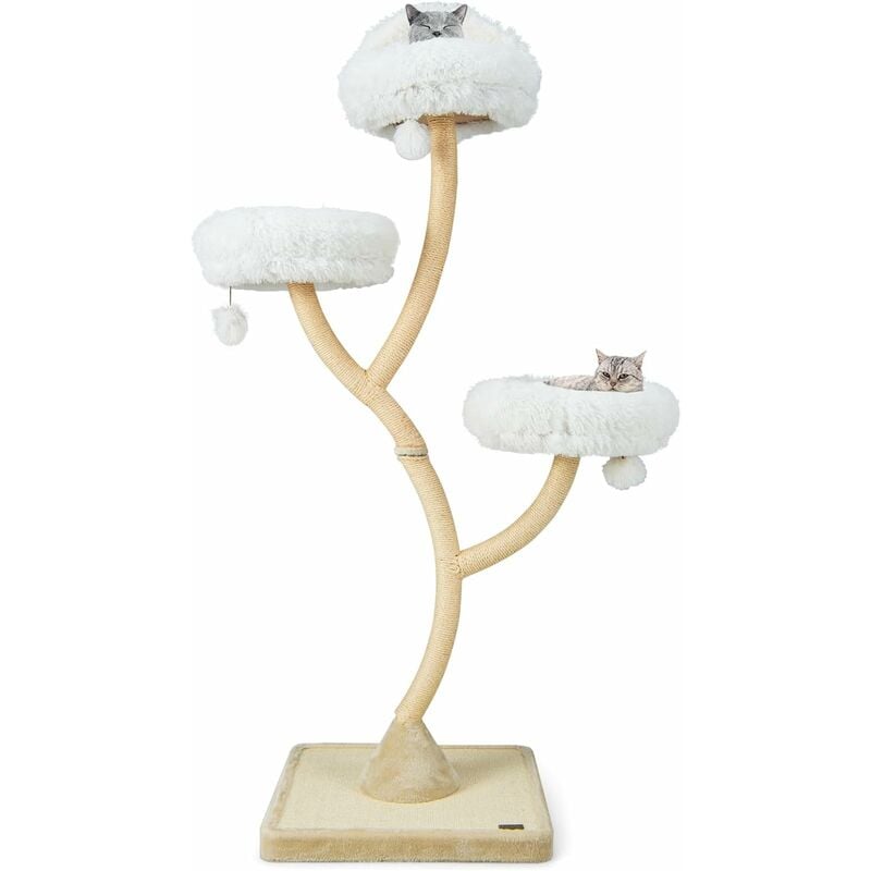 Arbre à Chat avec Cadre en métal incurvé, Tour à Chat avec 3 perchoirs peluchés et poteaux en sisal, Centre d'activités pour Chat avec balles