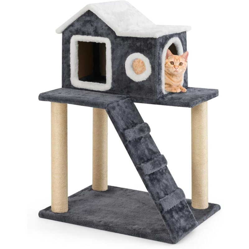 Costway - Niche pour Chat Exterieur Interieur, Maison pour Chat, 3 Poteaux à Griffer en Sisal, Echelle d'escalade, Cabane Chat, Toit Ouvrable, Kit