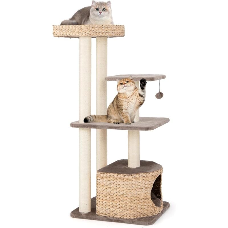 Costway - Arbre a Chat Bois 131 cm, Arbre a Chat Design, 3 Griffoirs Chat en Sisal, 3 Plateformes, Condo en Quenouille Tressée, Grand Arbre à Chat,