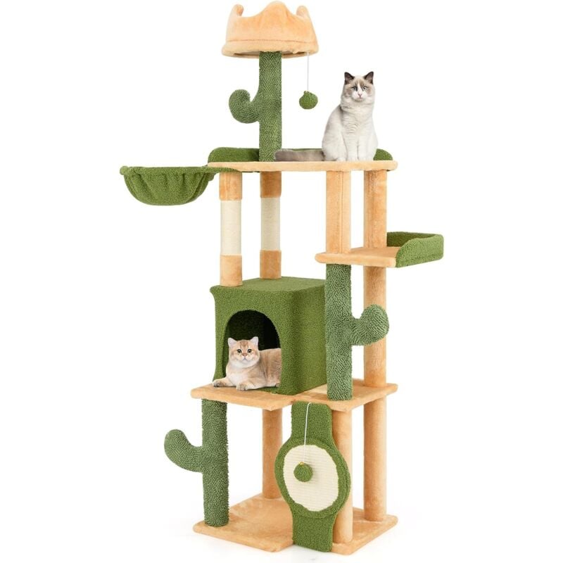 Costway - Arbre a Chat Cactus 160 cm, Arbre à Chat xxl, 5 Plateformes, 2 Poteaux à Griffer en Sisal, Planche à Griffer, Condo, Panier, Tour pour