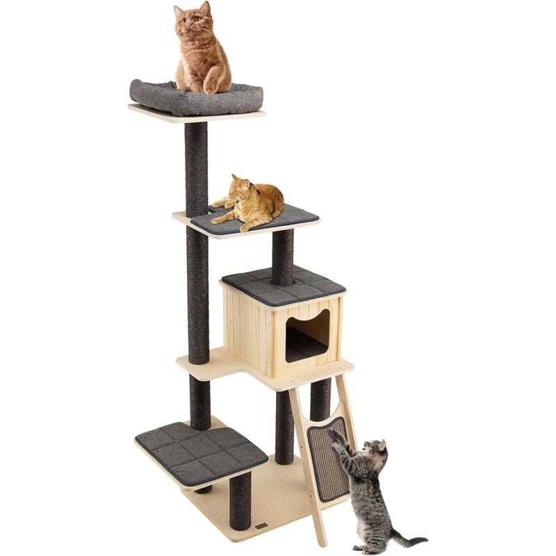 Arbre à Chat de 175 cm en Bois Naturel, Centre d'Activités pour Chat avec Griffoir et Poteaux en Sisal, Tour à Chat avec Condo Confortable et