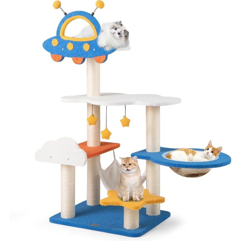Costway - Arbre a Chat Design 124 cm, Arbre a Chat xxl à Thème Spatial, 2 Griffoirs pour Chat, 4 Plateformes, Arbre a Chat Bois, Panier, Hamac, 3