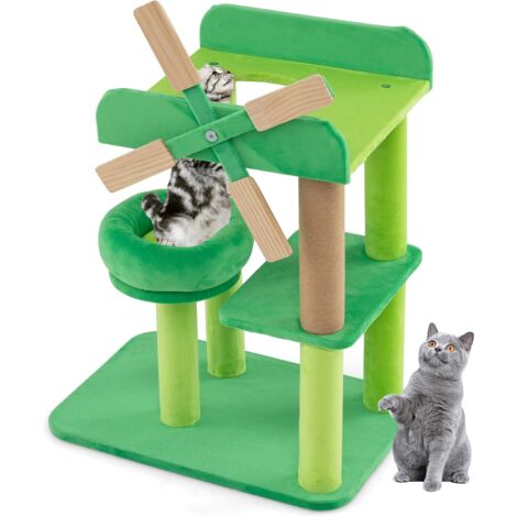 COSTWAY Arbre a Chat Design 60 cm, Petit Arbre à Chat, Poteaux à Griffer en Sisal, 3 Plateformes, Arbre a Chat Bois, Design Moulin à Vent, Peluche Douce, 50 x 34 x 60 cm, Vert