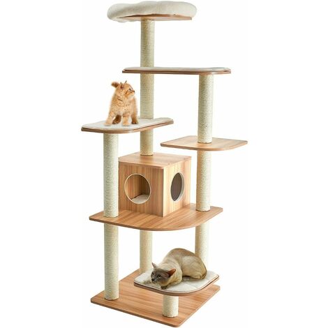Costway – Arbre à chat en bois 175cm – 6 niveaux – Coussins en peluche lavables – Colonnes enroulées corde sisal – Structure PVC robuste