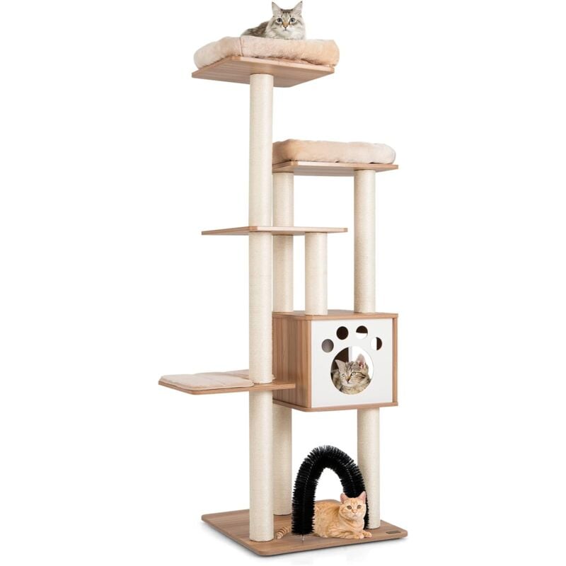 Costway - Arbre à Chat en Bois avec Niche et 2 Perchoirs en Peluche, Grand Condo pour Chat à Plusieurs Niveaux, Tour à Chat avec Poteaux en Sisal et