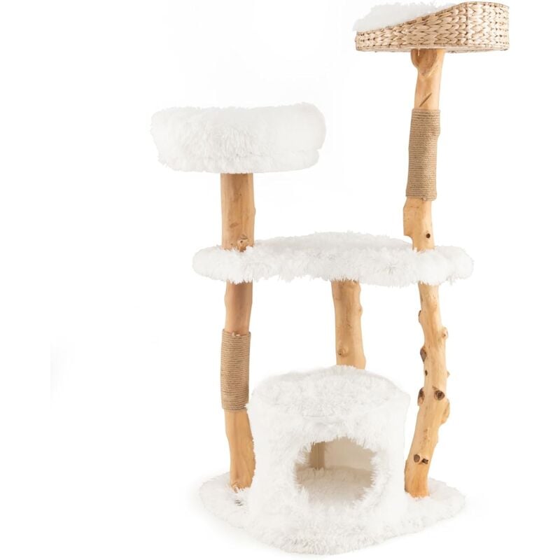 Arbre à Chat en Bois Massif de 124 cm, Centre d'Activité Multicouche pour Chat avec Griffoirs en Jute et Condo, Tour à Chat avec Perchoir en Peluche,