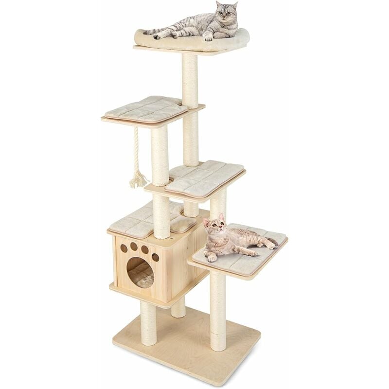 Costway - Arbre à Chat en Bois Massif de 170 cm, Centre d'Activités pour Chat à Plusieurs Niveaux en Peluche, Tour à Chat avec Condo et Poteaux en