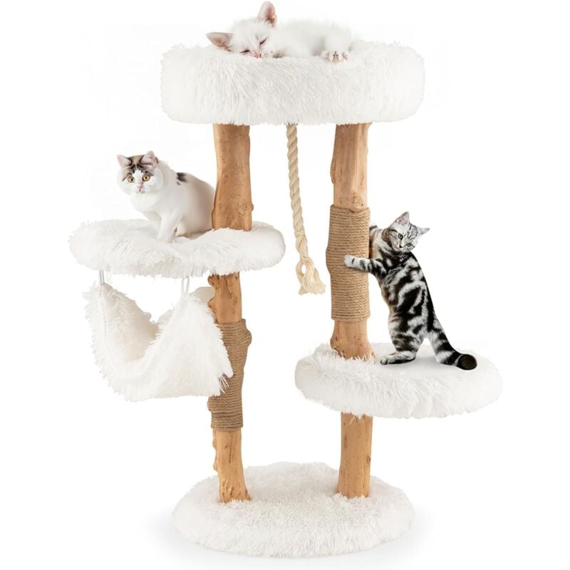 Costway - Arbre à Chat en Bois Massif de 87 cm, Centre d'Activité Multicouche pour Chaton avec Griffoirs en Jute et Corde en Sisal Suspendue, Tour à