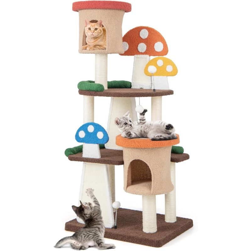 Costway - Arbre à Chat en Forme de Champignon, Tour à Chat 4 en 1 avec 2 Condos et Griffoir en Sisal, Centre d'Activités pour Chaton avec Boule à