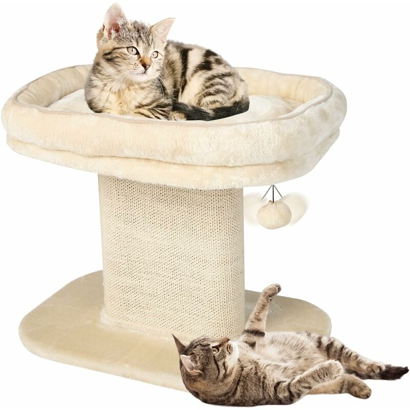 Arbre à Chat en Forme de Tour 50CM-Lit Grand Perchoir en Peluche-Pompons Suspendus-Tour à Gratter en Sisal pour Chaton-Beige - Costway