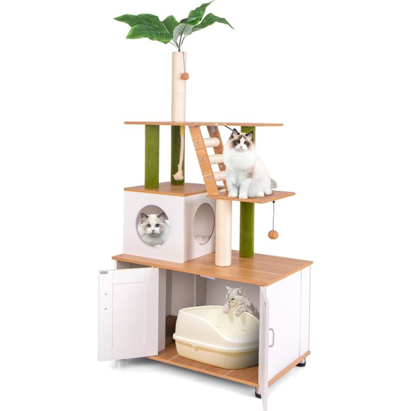 Costway - Arbre a Chat Litiere Intégrée 175 cm, Meuble Litière Chat en Bois, Tour pour Chat, 3 Plateformes, 5 Pieds, Condo, Escalier, Meuble pour