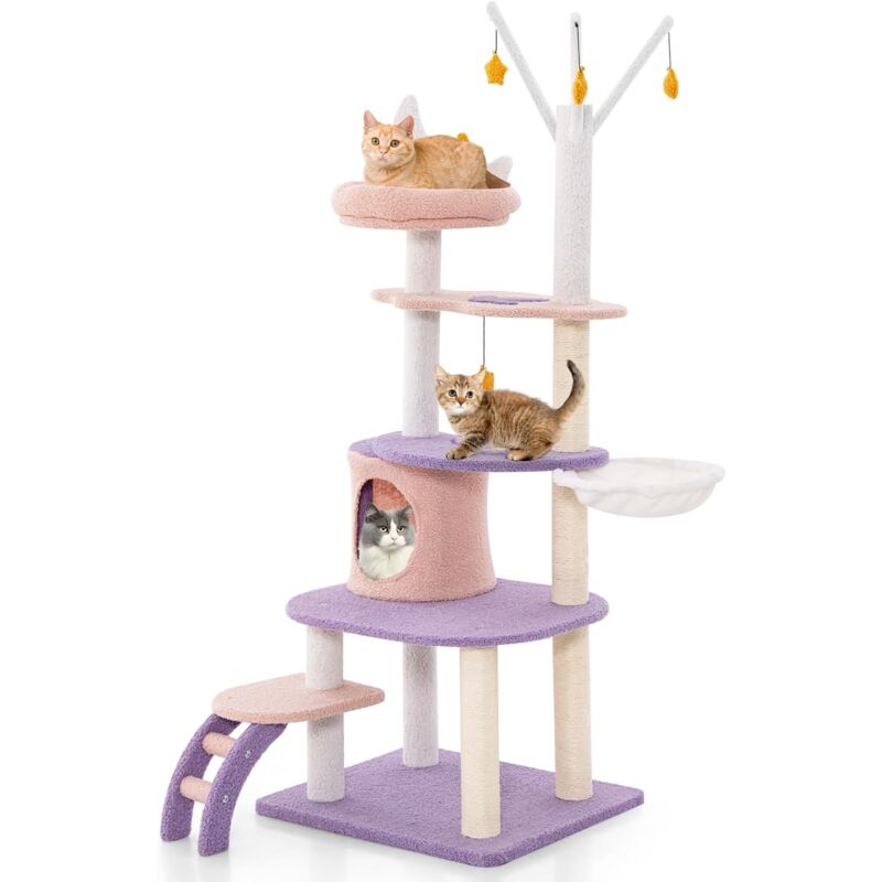Costway - Arbre à Chat Mignon de 158 cm, Centre d'Activité Multicouche avec Hamac, Panier et Condo, Tour à Chat avec Grattoir en Sisal, Échelle et