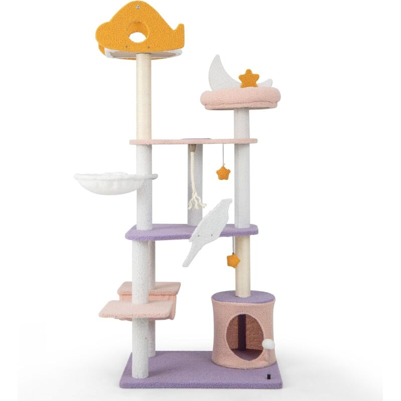 Arbre à Chat Mignon de 167 cm, Centre d'Activité Multicouche avec Grattoir en Sisal et Jouets Suspendus, Tour à Chat avec Hamac et Condo, Charge 15