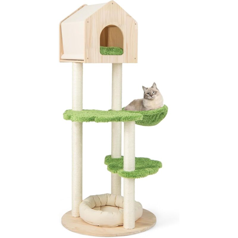 Costway - Arbre à Chat Mignon en Bois de Pin, Centre d'Activités pour Chat à Multi-Plateformes avec Griffoir et Grand Condo, Tour à Chat avec Hamac,