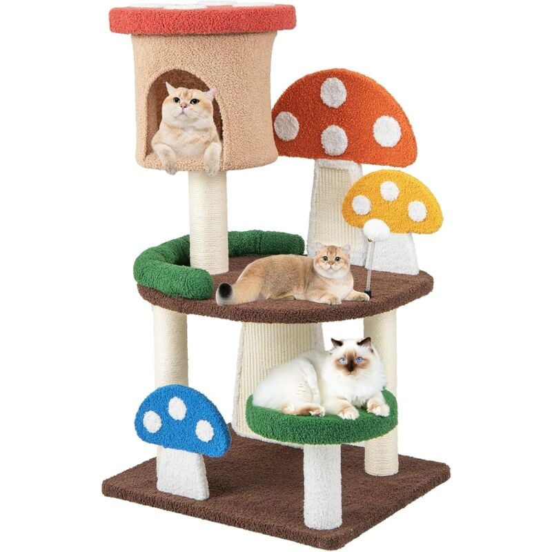 Arbre à Chat Mignon en Forme de Champignon, Tour à Chat 4 en 1 avec Condo et Griffoir en Sisal, Centre d'Activités pour Chaton avec Boule à Ressort,