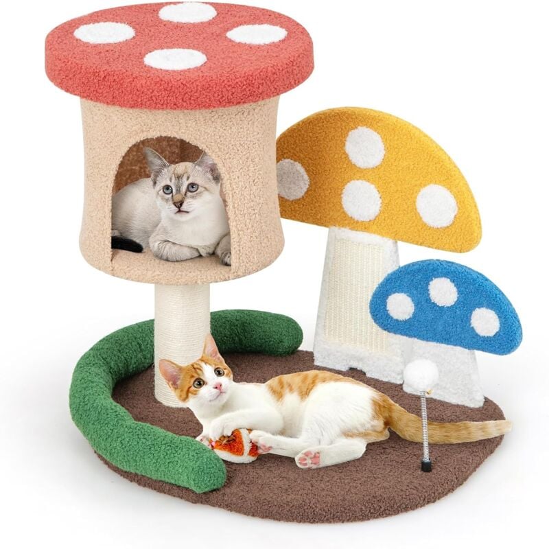 Arbre à Chat Mignon en Forme de Champignon, Tour à Chat 4 en 1 avec Condo et Griffoir en Sisal, Centre d'Activités pour Chaton avec Boule à Ressort,