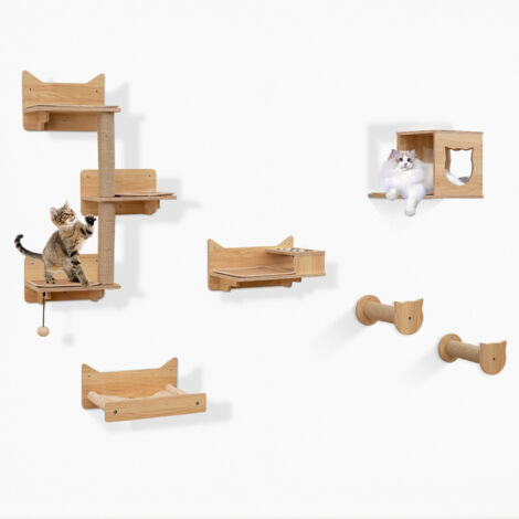 Costway – Arbre à chat mural en bois – 6 éléments modulables – 3 niveaux avec hamac et plateforme – 2 gamelles en acier inoxydable – Installation facile