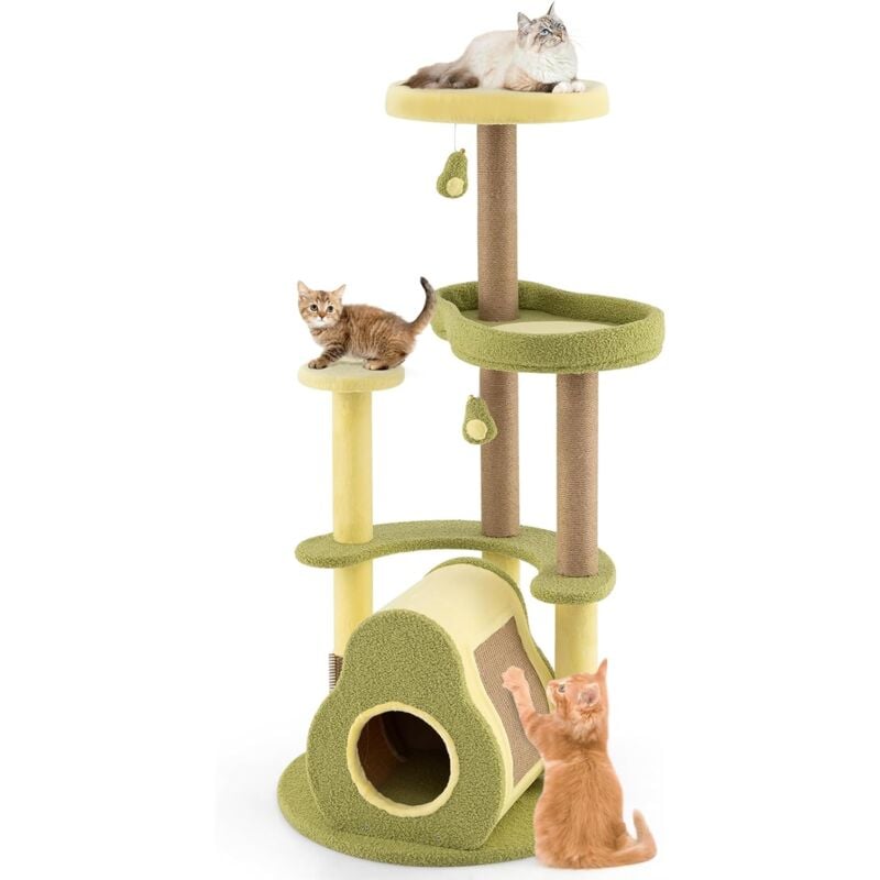 Costway - Arbre à Chat xxl 124,5 cm, Arbre a Chat Design, 2 Griffoirs pour Chat, Planche à Griffer, Brosse d'Toilettage, Tour pour Chat à 5 Niveaux,