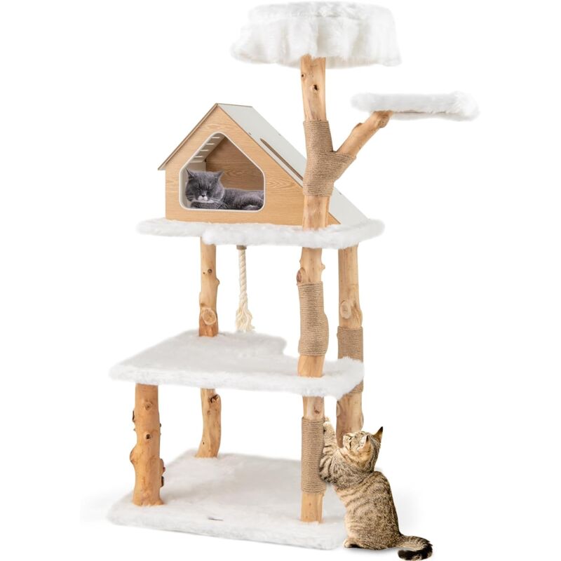 Arbre a Chat xxl 150 cm, Arbre a Chat Bois, 5 Plateformes, 2 Poteaux à Griffer en Jute, Condo, Grand Arbre a Chat Intérieur, Bois de Poirier, Tissu