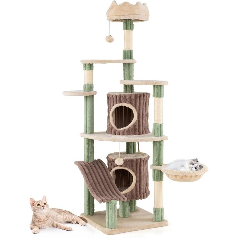 COSTWAY Arbre à Chat XXL 163 cm, Panier Rotatif, 2 Condos, 4 Poteaux à Griffer en Sisal, 7 Plateformes, Arbre a Chat Cactus, Pompons Suspendu, Tissu