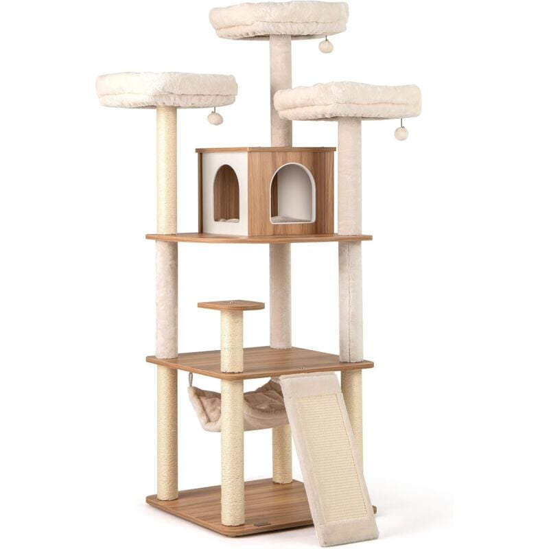 Arbre a Chat xxl 168 cm, Arbre a Chat Bois, 5 Plateformes, 4 Griffoir pour Chat en Sisal, Planche à Griffer, Condo, Hamac, Tour pour Chat, Coussins