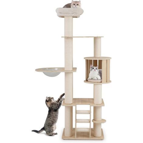 COSTWAY Arbre à Chat XXL 185 cm, 3 Plateformes, Capsule, Condo, Échelle à 3 Marches, Ø 11 cm Poteaux à Griffer, Arbre a Chat Maine Coon, Coussins en Peluche Amovibles Lavables, 60 x 48 x 185 cm