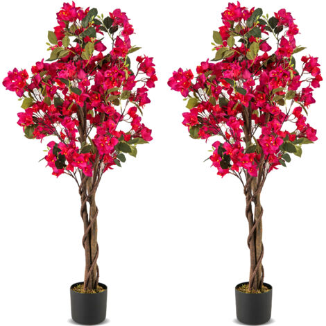 Costway – Arbre artificiel bougainvillier 120 cm – 360 fleurs rose et blanc – Pot en ciment robuste – Plante verte décorative (2 pcs)