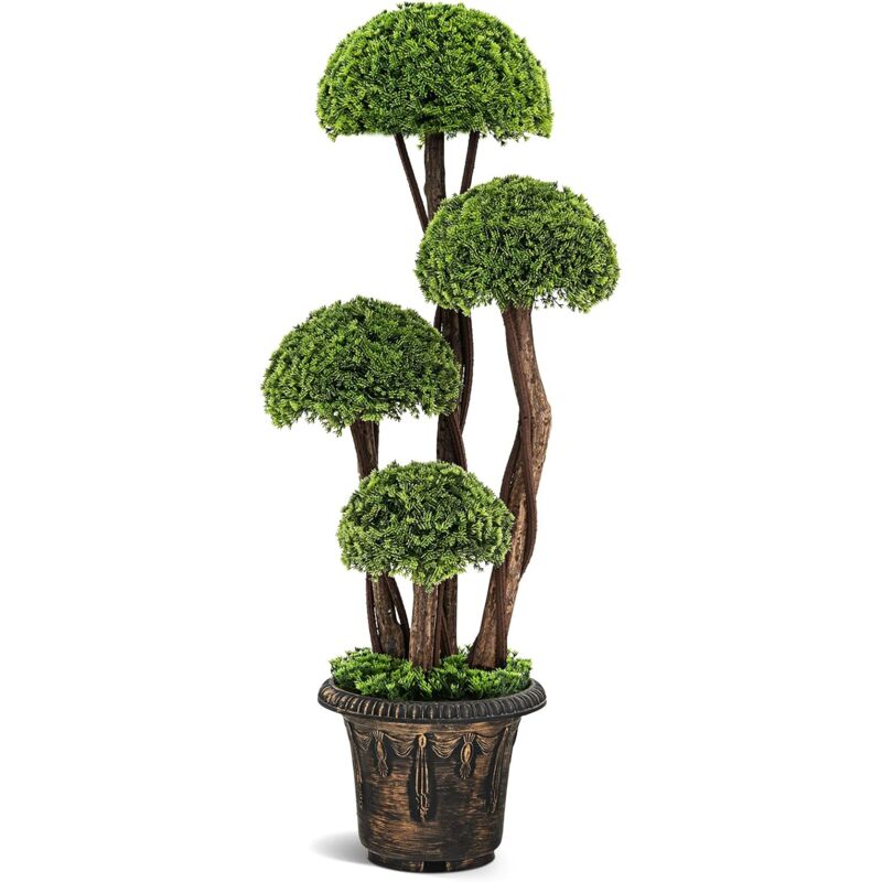 Costway - Arbre Artificiel en Cèdre 90 cm avec 4 Boules de Cèdre, Faux Cyprès Topiaire avec Tronc en Rotin Pot Rempli de Ciment, pour Décoration de